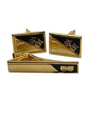 Vintage comedy and tragedy cuff link tie bar set gold tone black formal business
